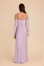 Off Shoulder Long Sleeve Satin Bridesmaid Dress Draped Neck High Slit Mermaid Floor Length Wedding Guest Formal Gown
