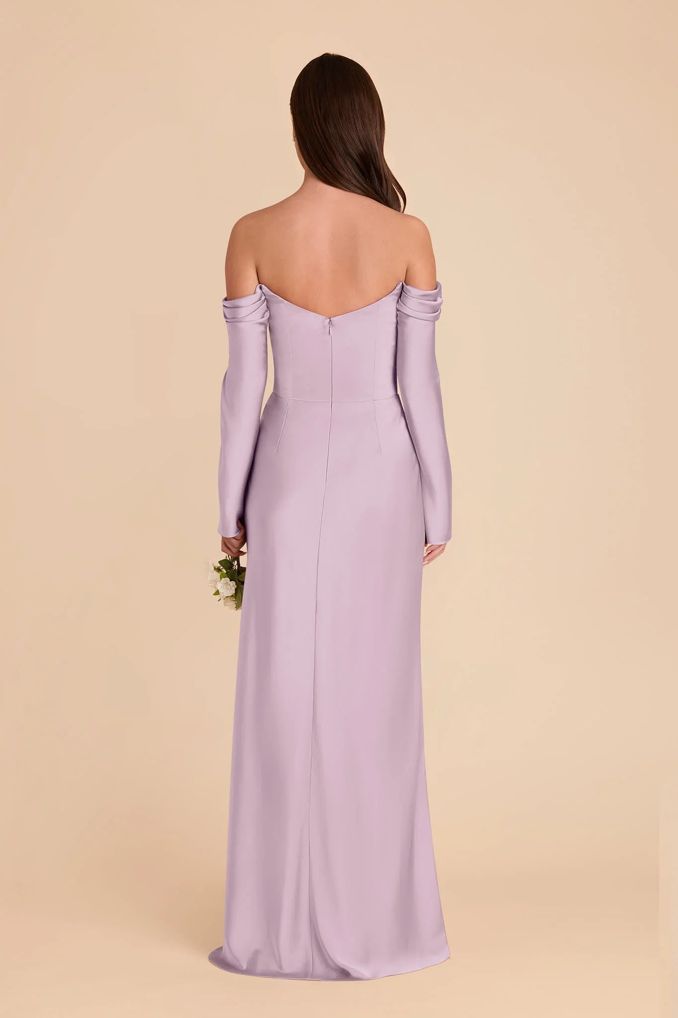Off Shoulder Long Sleeve Satin Bridesmaid Dress Draped Neck High Slit Mermaid Floor Length Wedding Guest Formal Gown