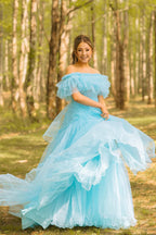 Light Blue Off-the-Shoulder Tiered Tulle Floor-Length Prom Dress