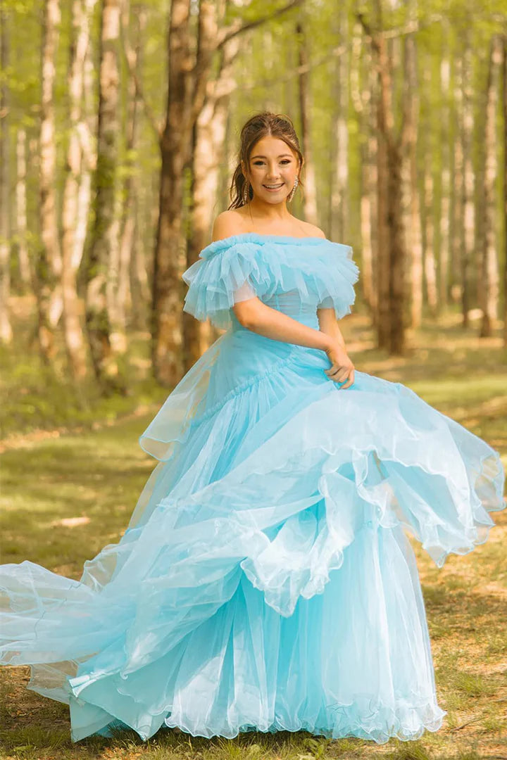 Light Blue Off-the-Shoulder Tiered Tulle Floor-Length Prom Dress