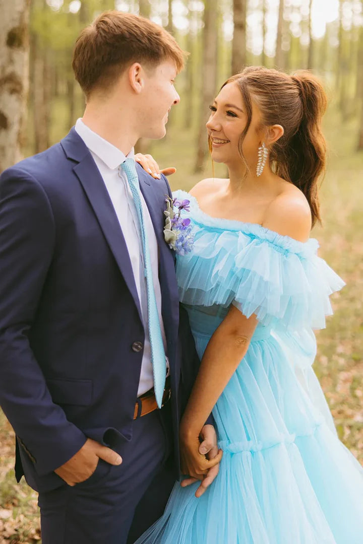 Light Blue Off-the-Shoulder Tiered Tulle Floor-Length Prom Dress