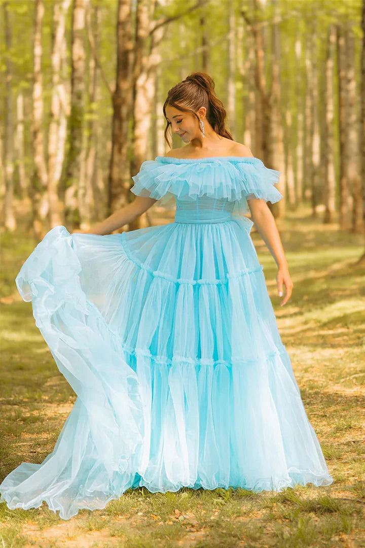 Light Blue Off-the-Shoulder Tiered Tulle Floor-Length Prom Dress