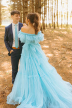 Light Blue Off-the-Shoulder Tiered Tulle Floor-Length Prom Dress