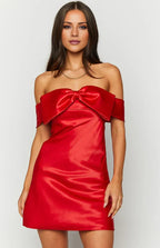 Red Off the Shoulder Sleeveless Trendy Knee-Length Homecoming Party Dresses Backless Pleats Elegant Party Dresses for Women No Slit With Bow knot