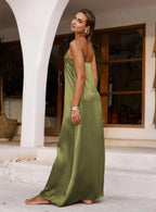 Green Olive Spaghetti Strap Maxi Dress Affordable Strapless Prom Dresses