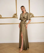 Dress Fashion Wrap Tie Bridesmaid Dress Maxi Dress Solid Color Champagne Flutter Sleeve Column Prom Dress