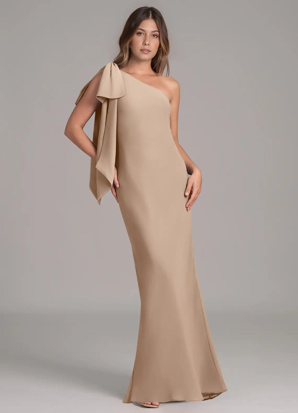 One-Shoulder Bridesmaid Dress with Dramatic Shoulder Bow, Mermaid Skirt and Back Slit
