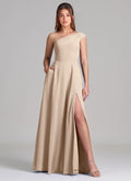 One-Shoulder Chiffon Bridesmaid Dress with Pockets, High Slit and Pleated Bodice