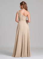 One-Shoulder Chiffon Bridesmaid Dress with Pockets, High Slit and Pleated Bodice