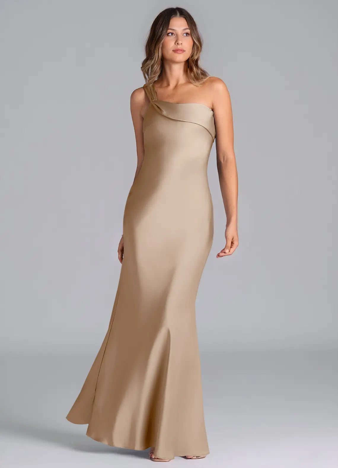 One-Shoulder Satin Bridesmaid Dress with Back Bow Detail and Mermaid Skirt