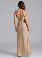 One-Shoulder Satin Bridesmaid Dress with Back Bow Detail and Mermaid Skirt