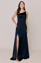 One-Shoulder Satin Bridesmaid Dress with Ruched Back & High Thigh Slit