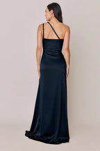 One-Shoulder Satin Bridesmaid Dress with Ruched Back & High Thigh Slit