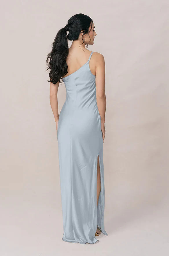 One-Shoulder Satin Bridesmaid Dress with Ruched Side, Adjustable Thin Strap & Side High Slit Maxi Silhouette