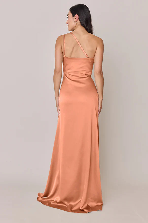 One-Shoulder Satin Bridesmaid Dress with High Side Slit & Sweep Train