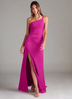 One-shoulder chiffon bridesmaid dress with ruched bodice, crisscross back, and side slit