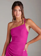 One-shoulder chiffon bridesmaid dress with ruched bodice, crisscross back, and side slit