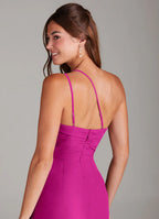 One-shoulder chiffon bridesmaid dress with ruched bodice, crisscross back, and side slit