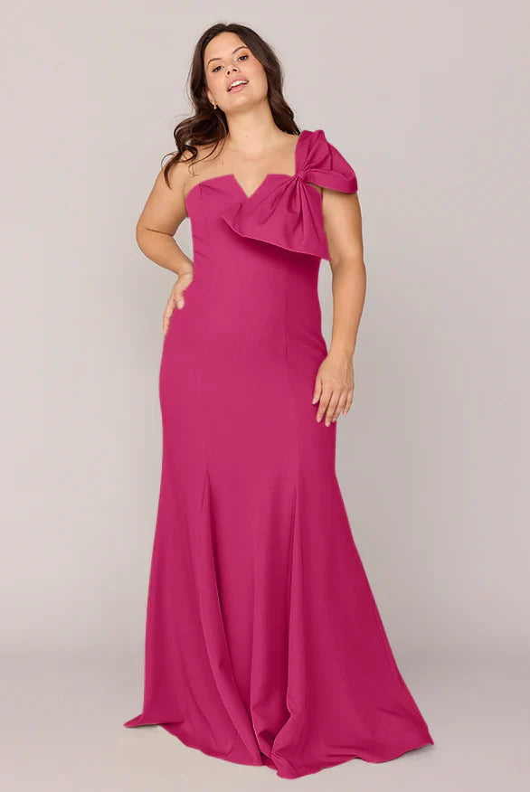 One Shoulder Bow Detail Bridesmaid Dresses with Mermaid Silhouette and Front Slit Formal Gown