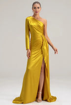 Mermaid One Shoulder Floor Length Prom Dresses Long Sleeves Pleated Bodice Strapless Affordable Evening Dresses
