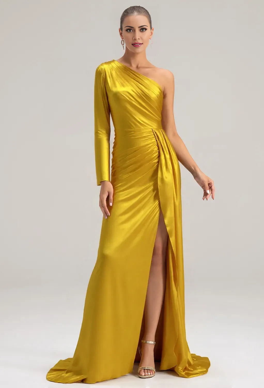 Mermaid One Shoulder Floor Length Prom Dresses Long Sleeves Pleated Bodice Strapless Affordable Evening Dresses
