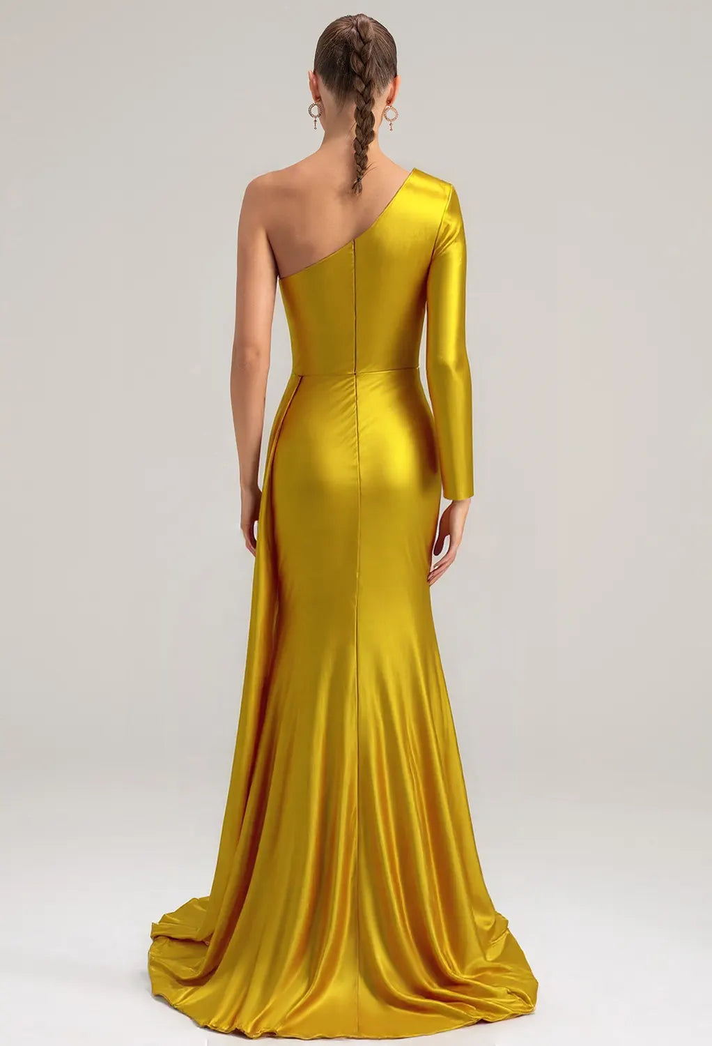 Mermaid One Shoulder Floor Length Prom Dresses Long Sleeves Pleated Bodice Strapless Affordable Evening Dresses