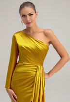 Mermaid One Shoulder Floor Length Prom Dresses Long Sleeves Pleated Bodice Strapless Affordable Evening Dresses