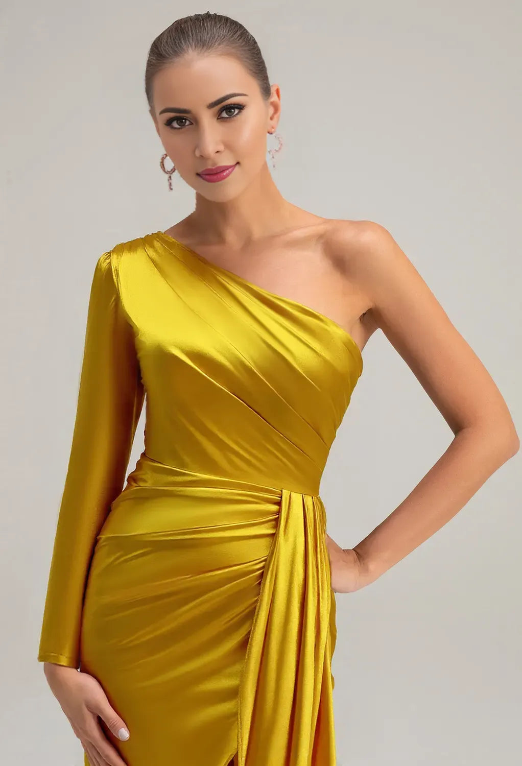 Mermaid One Shoulder Floor Length Prom Dresses Long Sleeves Pleated Bodice Strapless Affordable Evening Dresses