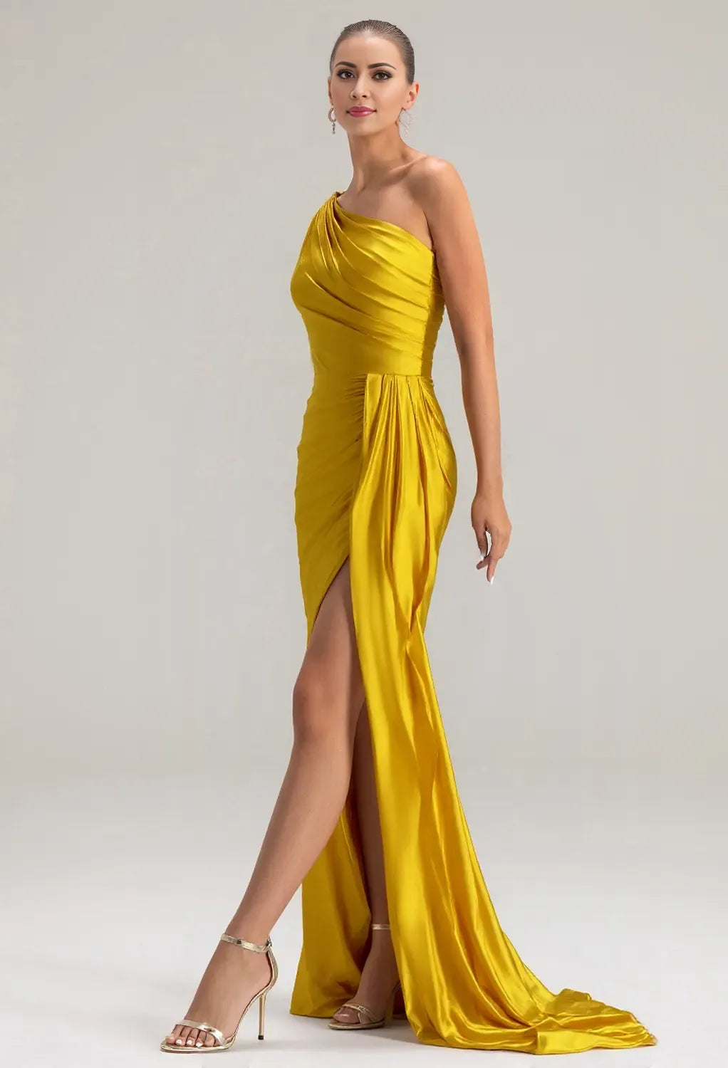Mermaid One Shoulder Floor Length Prom Dresses Long Sleeves Pleated Bodice Strapless Affordable Evening Dresses