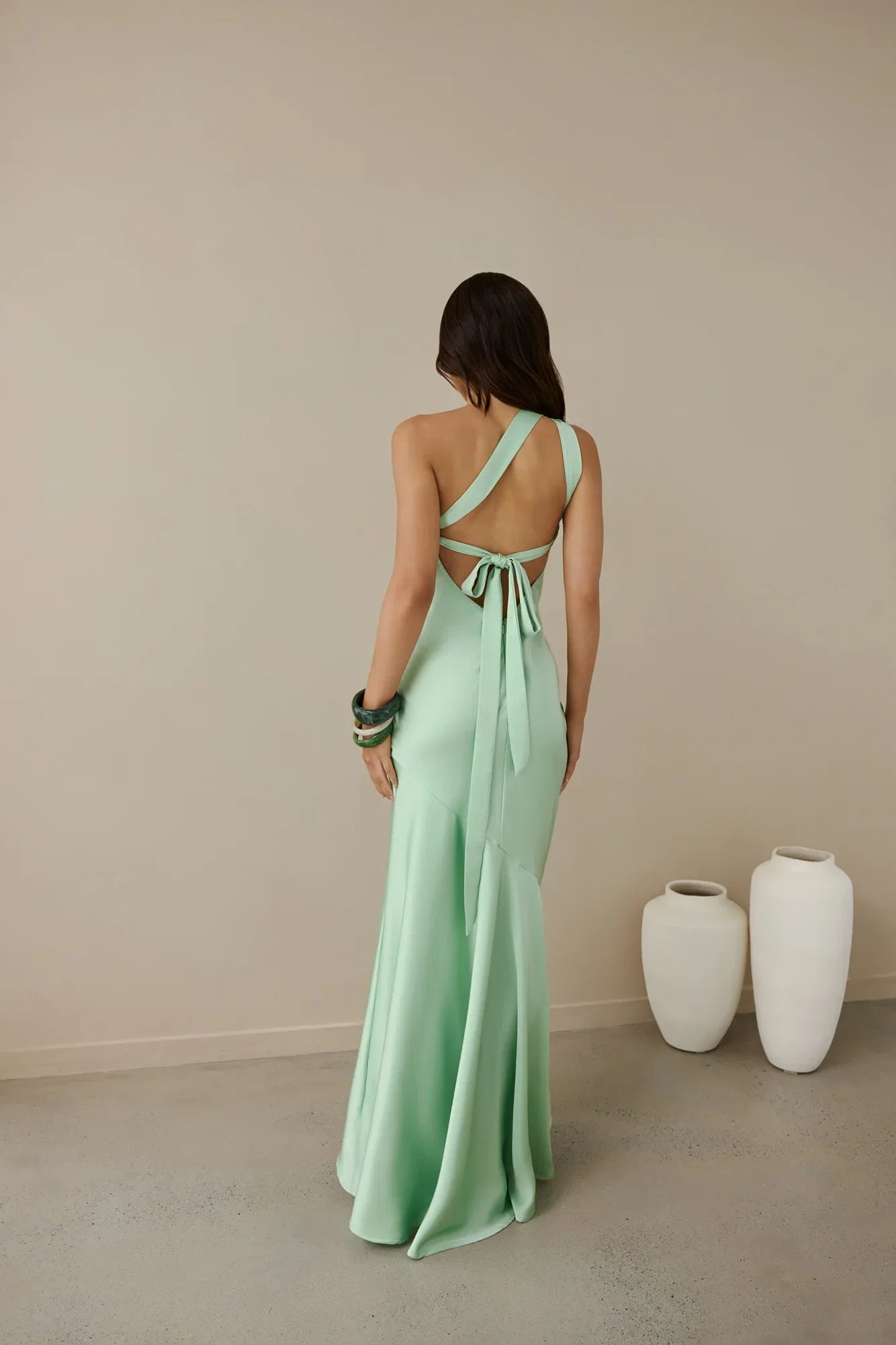 Green One Shoulder Floor Length Dress Sleeveless Sheath Modern Tie Up Back Straps Backless Prom Dress