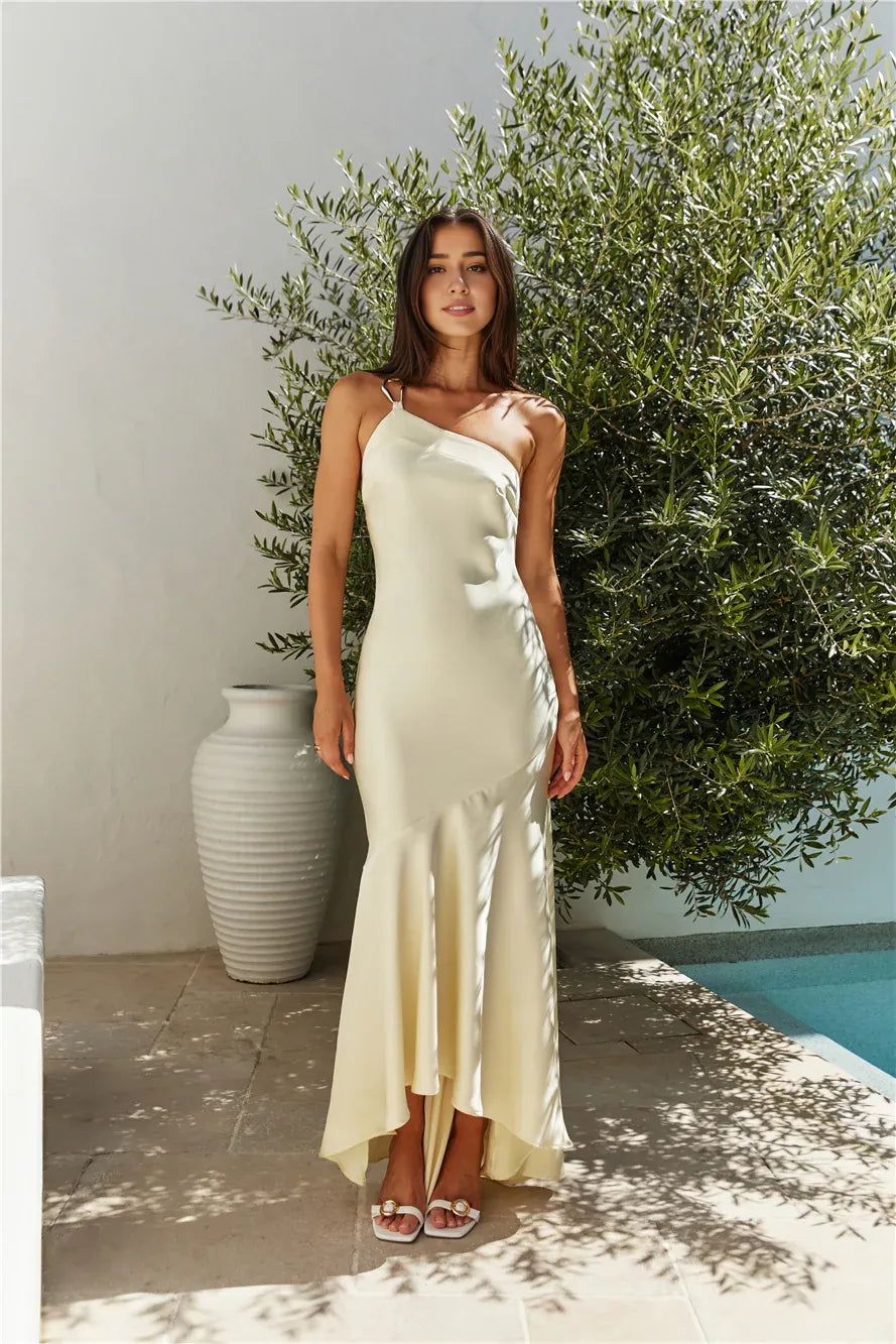 Green One Shoulder Floor Length Dress Sleeveless Sheath Modern Tie Up Back Straps Backless Prom Dress