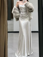 Open Back Silver A Line Spaghetti Straps Simple Satin Long Prom Dress Party Dress