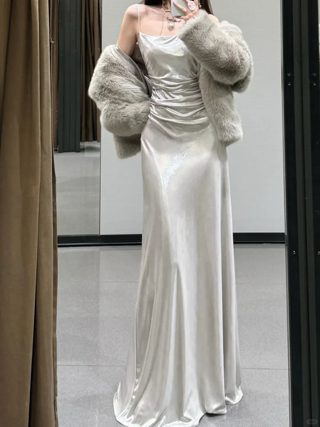 Open Back Silver A Line Spaghetti Straps Simple Satin Long Prom Dress Party Dress