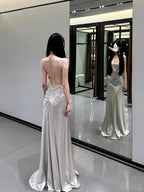 Open Back Silver A Line Spaghetti Straps Simple Satin Long Prom Dress Party Dress