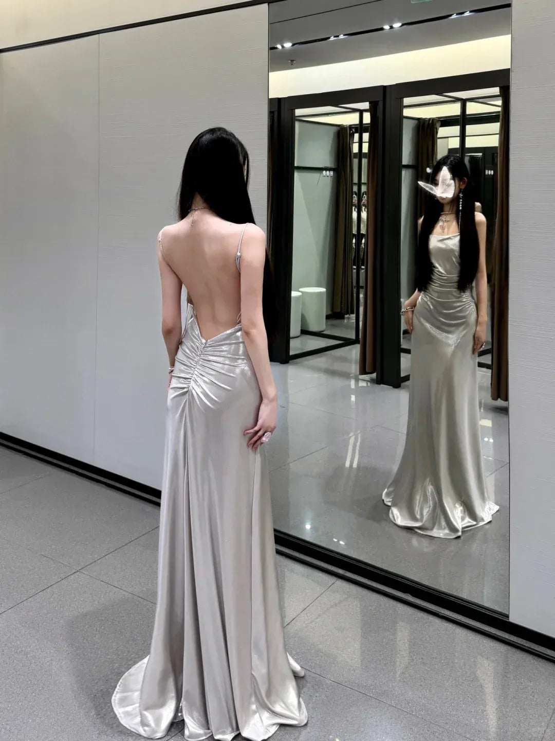 Open Back Silver A Line Spaghetti Straps Simple Satin Long Prom Dress Party Dress