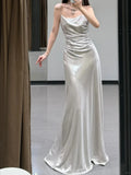 Open Back Silver A Line Spaghetti Straps Simple Satin Long Prom Dress Party Dress