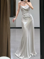 Open Back Silver A Line Spaghetti Straps Simple Satin Long Prom Dress Party Dress