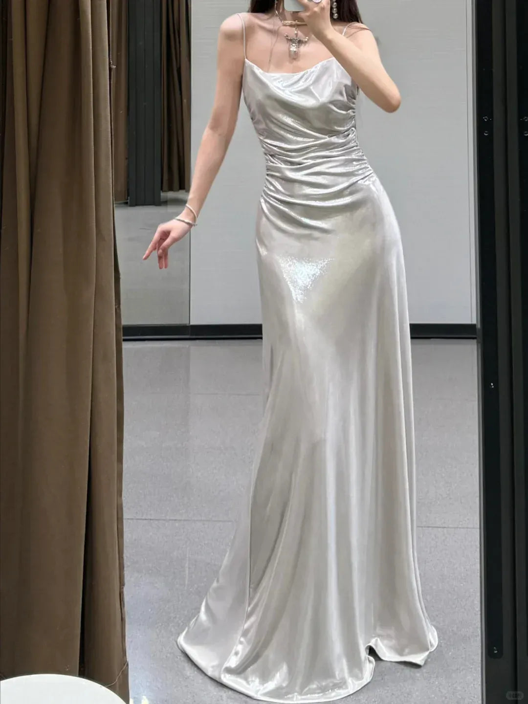 Open Back Silver A Line Spaghetti Straps Simple Satin Long Prom Dress Party Dress