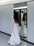 Open Back Silver A Line Spaghetti Straps Simple Satin Long Prom Dress Party Dress