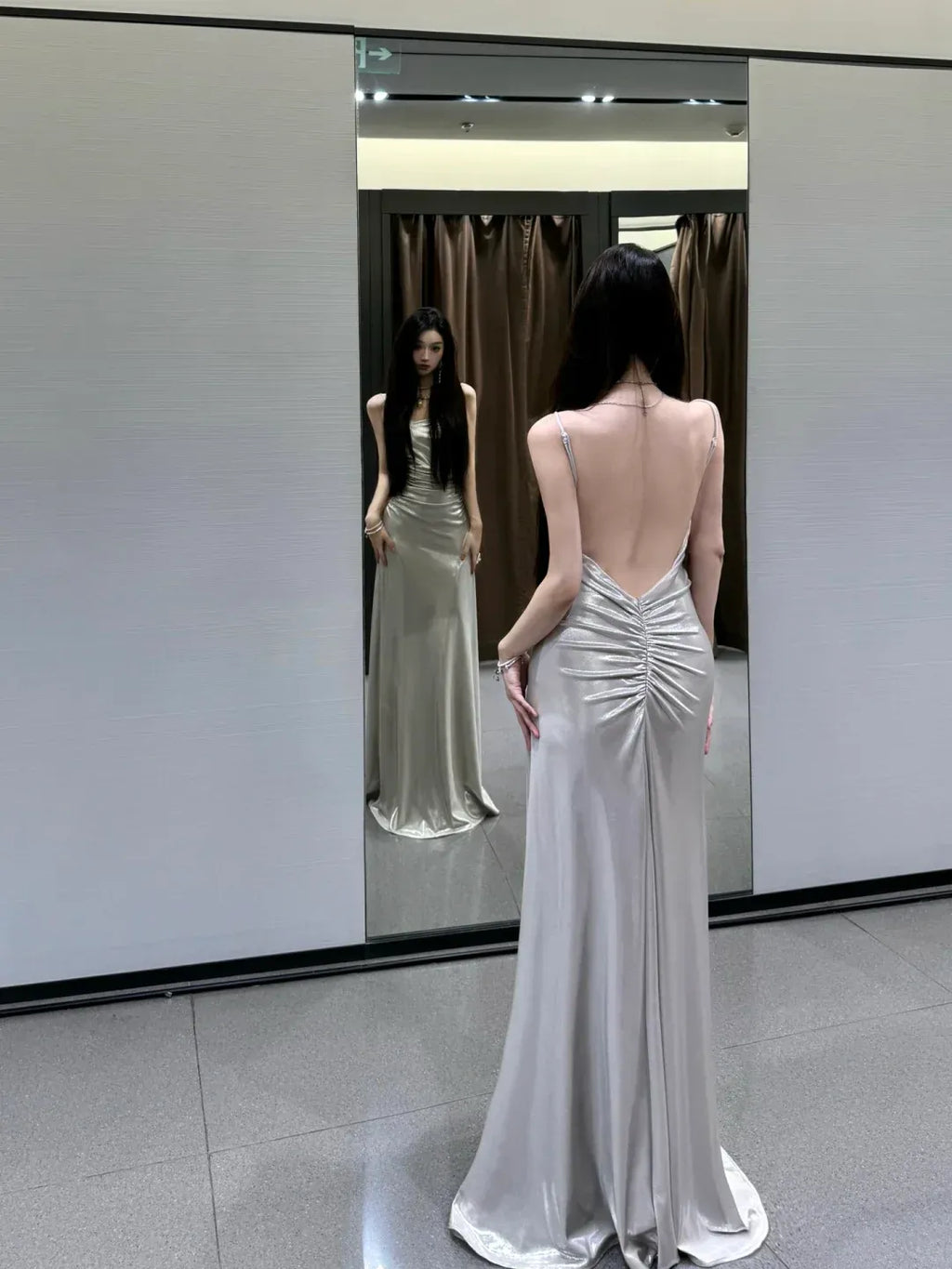 Open Back Silver A Line Spaghetti Straps Simple Satin Long Prom Dress Party Dress