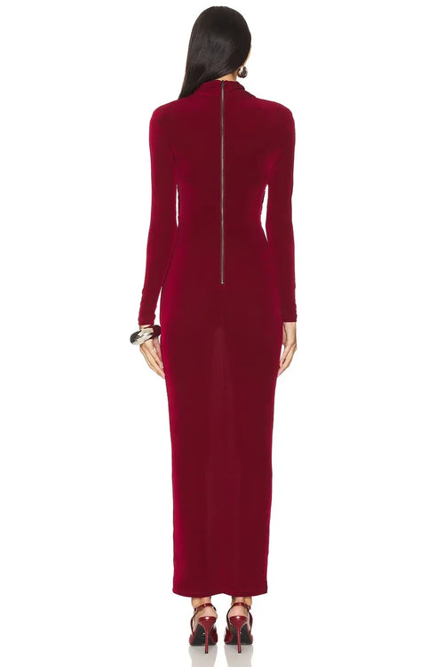 Robe de soirée fourreau opulente avec col croisé, manches longues, fermeture éclair au dos et longueur ras du sol