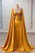 Opulent Mermaid Sweetheart Neck Cape-Sleeved Beaded Gold Maxi Prom Dress for Women Custom