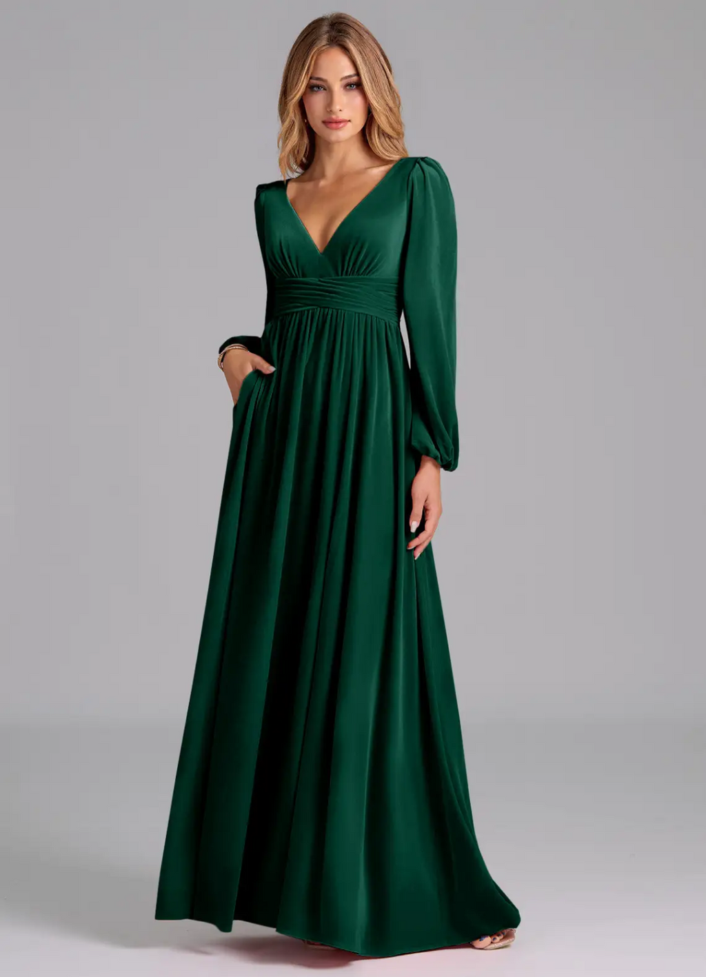 Opulent Velvet Deep V-Neck Long Puff Sleeve Open Back Tie Slit Floor-Length Bridesmaid Dress