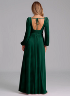 Opulent Velvet Deep V-Neck Long Puff Sleeve Open Back Tie Slit Floor-Length Bridesmaid Dress