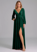 Opulent Velvet Deep V-Neck Long Puff Sleeve Open Back Tie Slit Floor-Length Bridesmaid Dress