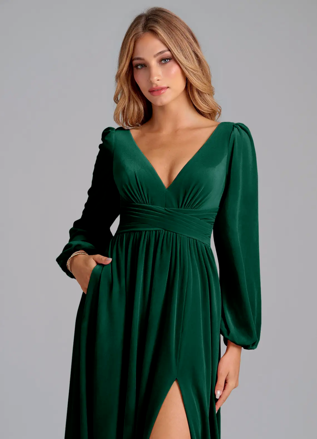 Opulent Velvet Deep V-Neck Long Puff Sleeve Open Back Tie Slit Floor-Length Bridesmaid Dress