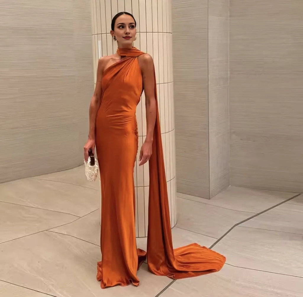 Orange Maxi Wedding Guest Dress Long Halter Evening Gown Cocktail Dresses Custom Sexy Party Dresses