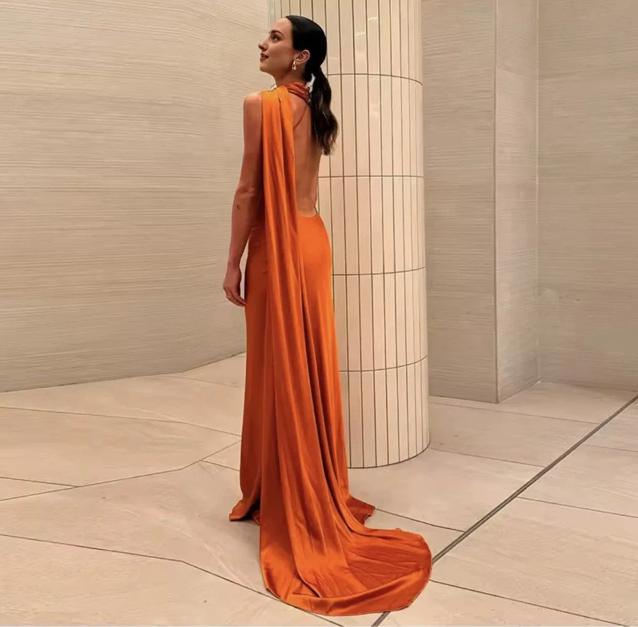 Orange Maxi Wedding Guest Dress Long Halter Evening Gown Cocktail Dresses Custom Sexy Party Dresses
