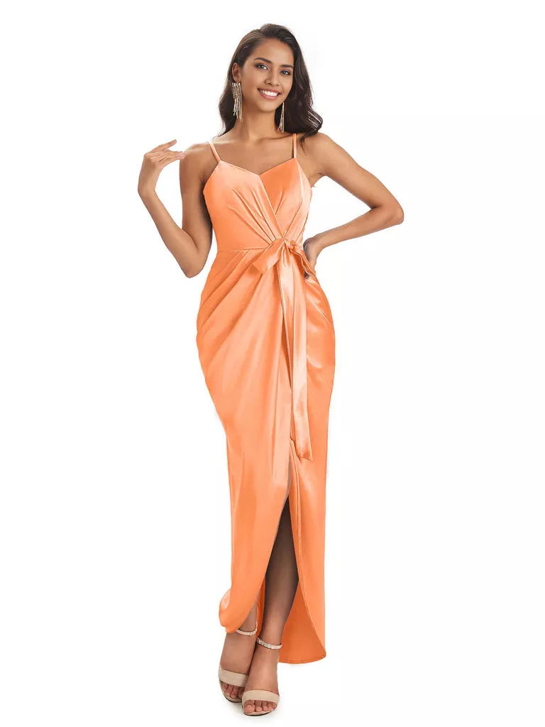 High Low Spaghetti Straps V-neck Mermaid Asymmetrical Soft Satin Bridesmaid Dresses