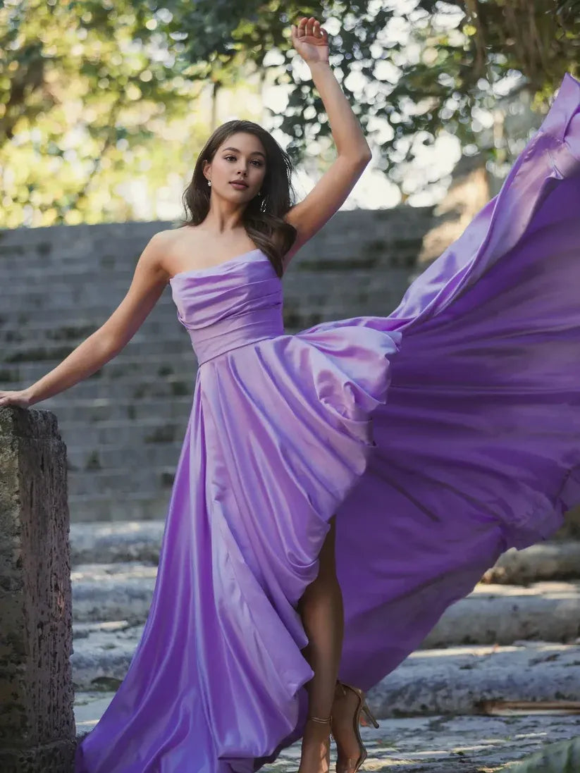 A-Line/Princess Strapless Sleeveless Zipper Up Sweep/Brush Train Prom Dress